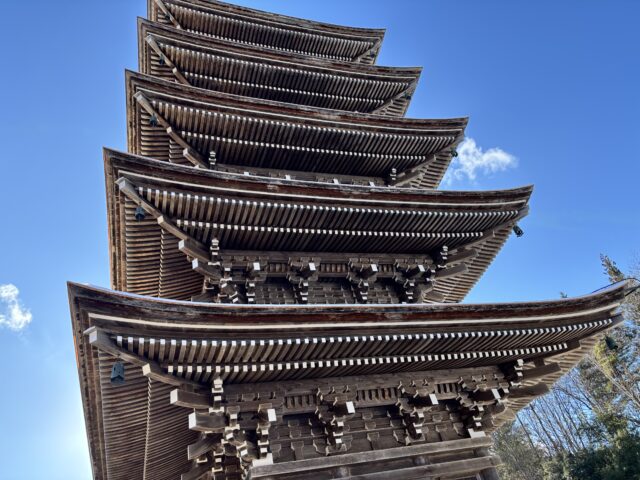 定義山西方寺の五重塔下から見上げた図