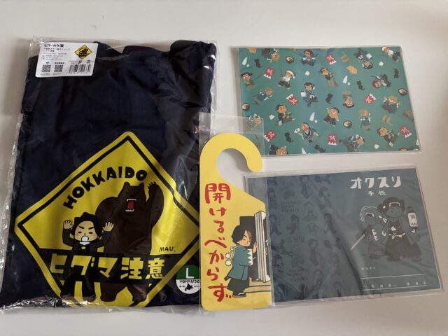 購入したヒジカタくんグッズ。お薬ケースとTシャツ