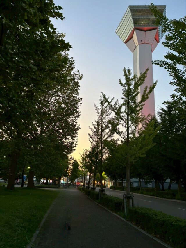 赤色にライトアップされる五稜郭タワー