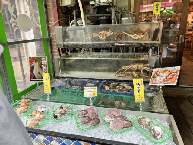 函館朝市の生簀にあるカニ、貝、イカ